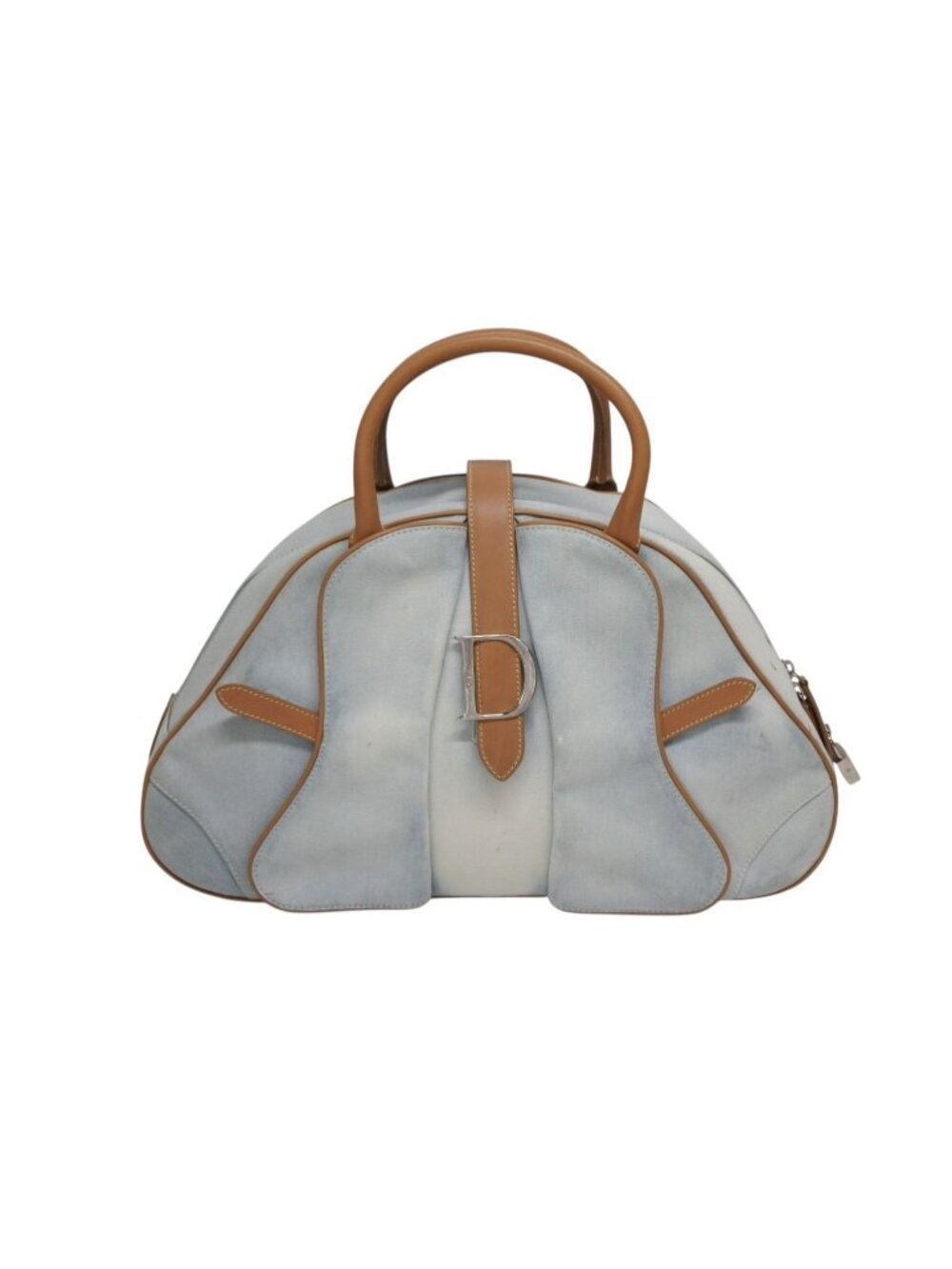 Dior Double Saddle Bowler Bag Handbag Denim Leather Blue Brown